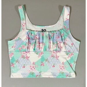 SO Pastel Paisley Patchwork Boho Bohemian Floral Ruched Crop Top Shirt Size L ✨